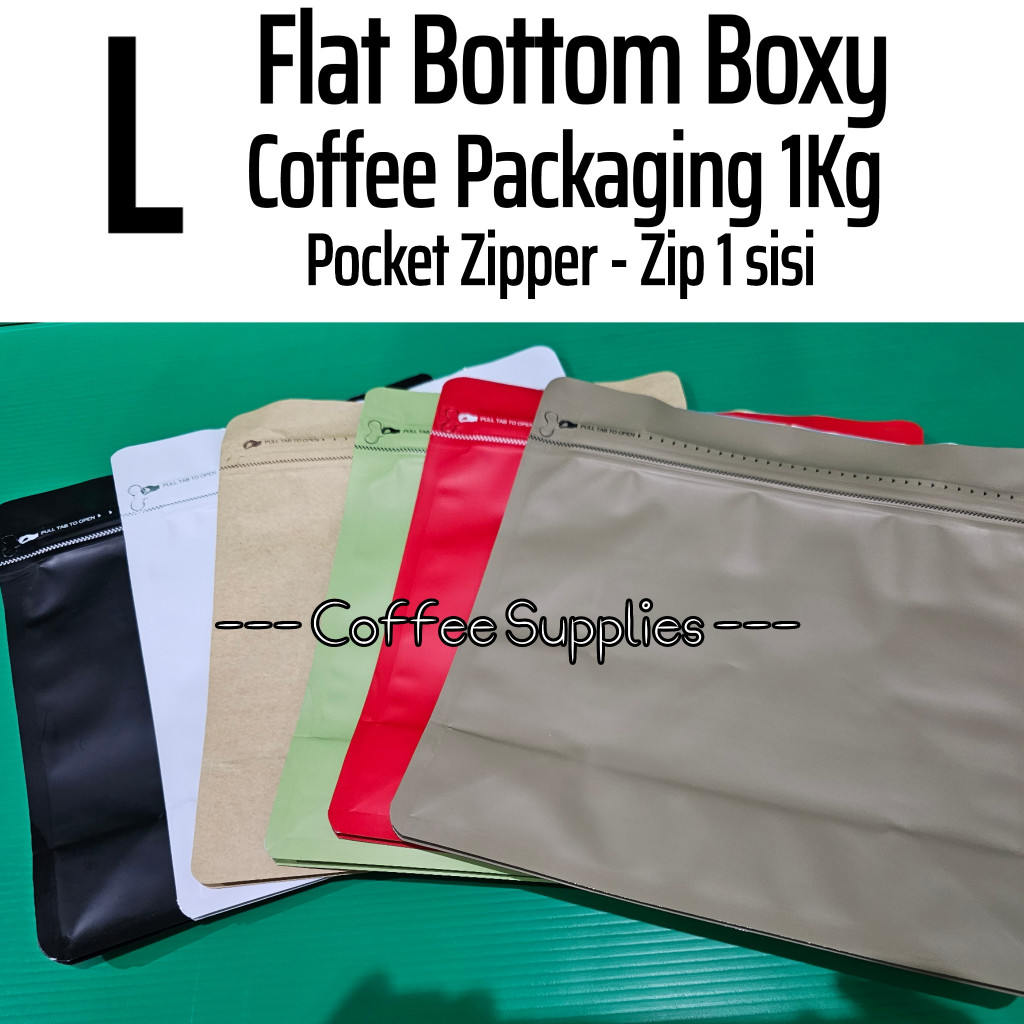 FLAT BOTTOM BOXY L 1Kg Kemasan Kopi 1000g coffee packaging square zip