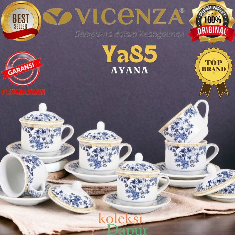 Cangkir Set Dengan Tutup Mewah Merek Vicenza Ya85 Ayana, Cup & Saucer Porselen Dibalut Motif Kemewah