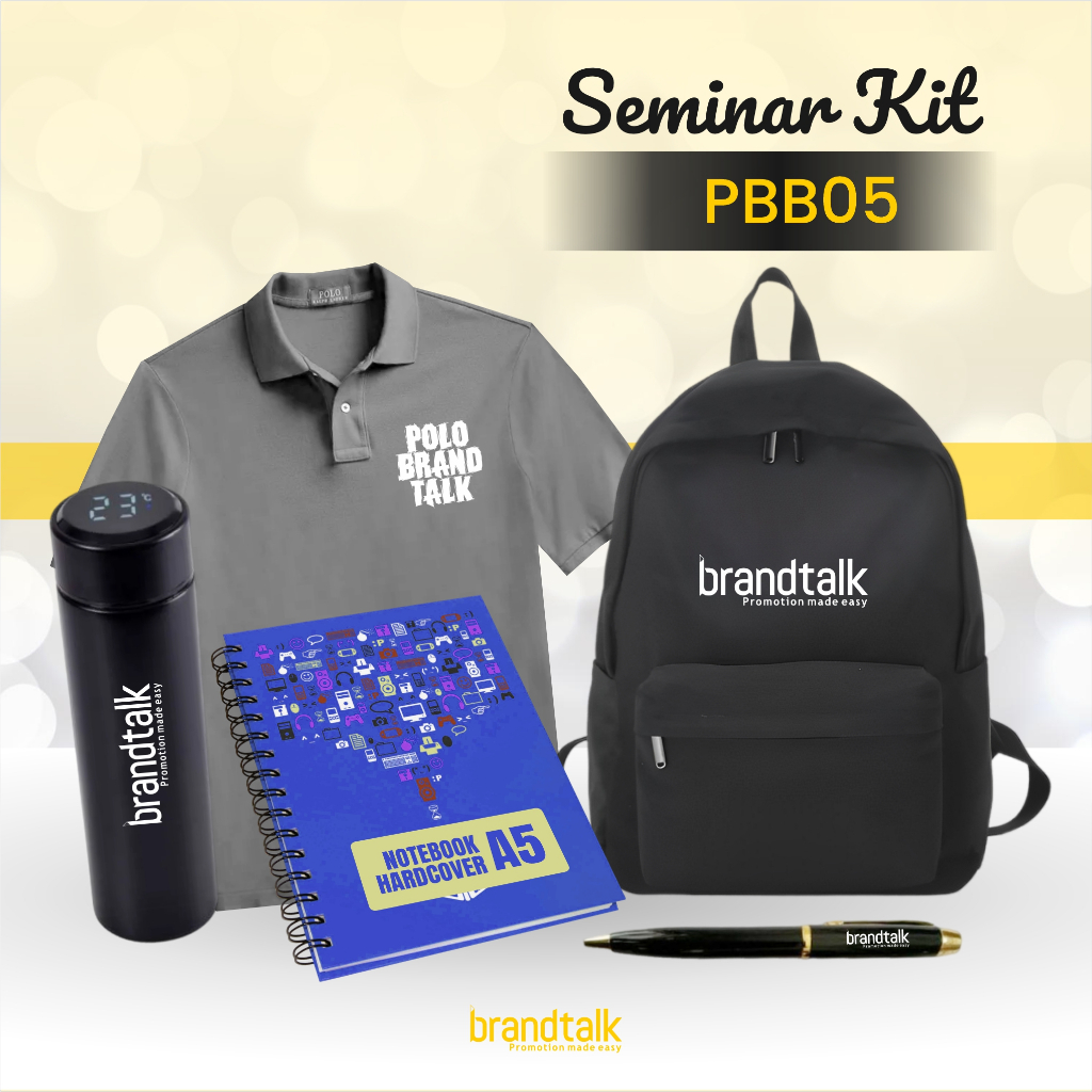 

Paket Seminar Kit Custom - Kaos Polo, Backpack, Notebook Hardcover A5, Pulpen Besi Grafir, dan Tumbler Suhu Grafir - PBB5