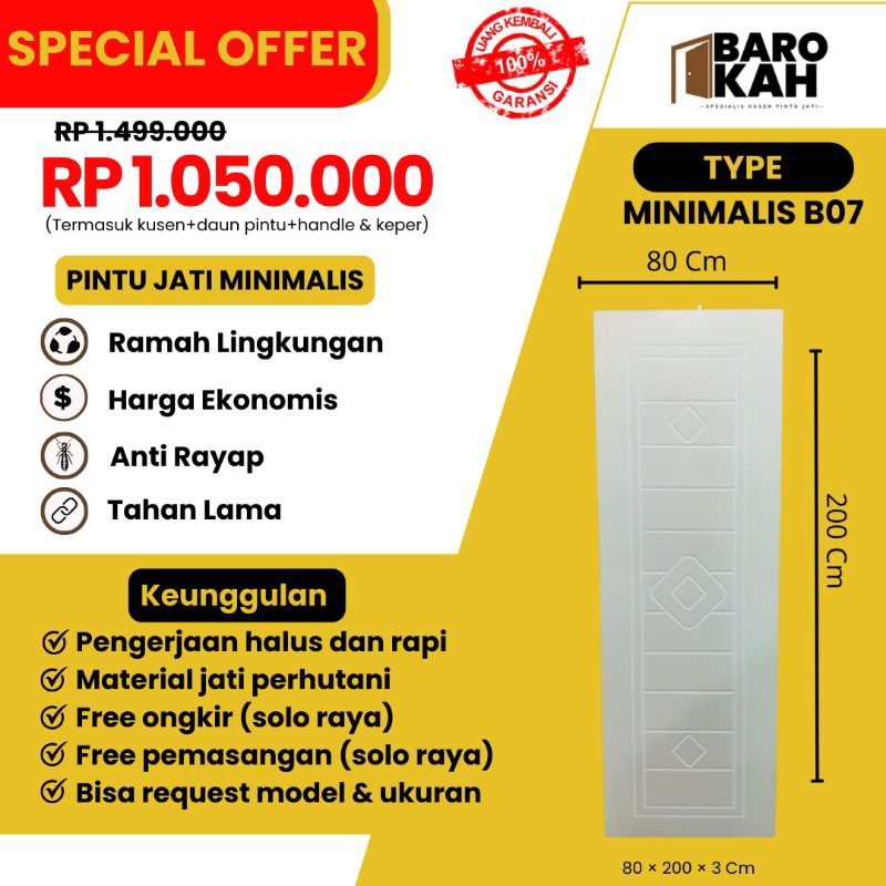 Satu Set Pintu Jati Motif (pintu+kusen) Tipe Minimalis B07 || 80×200×3Cm /Pintu Utama/Pintu