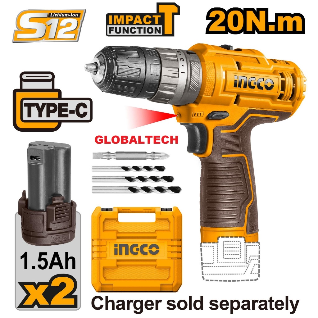 INGCO CIDLI12202 MESIN BOR IMPACT 12V CORDLESS IMPACT DRILL 12V  Voltage: 12V