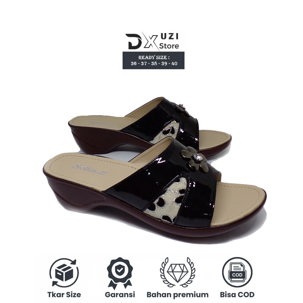 Sandal Wanita Selop Hitam Elegan / Sendal Wedges Casual Pesta Formal Cewe