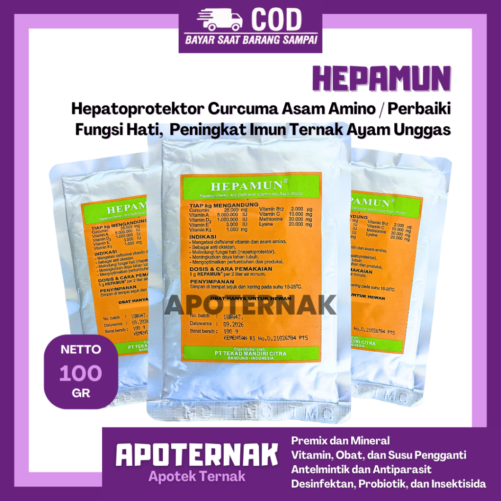HEPAMUN 100 GRAM - Hepatoprotektor Curcuma Asam Amino Perbaiki Fungsi Hati Ternak Ayam Unggas - Vita