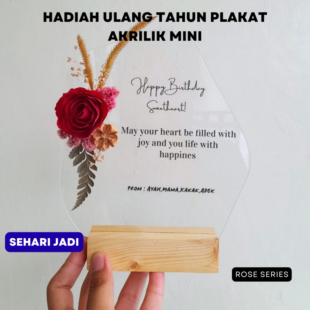 Plakat Akrilik Mini | Custom Akrilik | Hadiah Ulang tahun | Bunga Kering-Rose