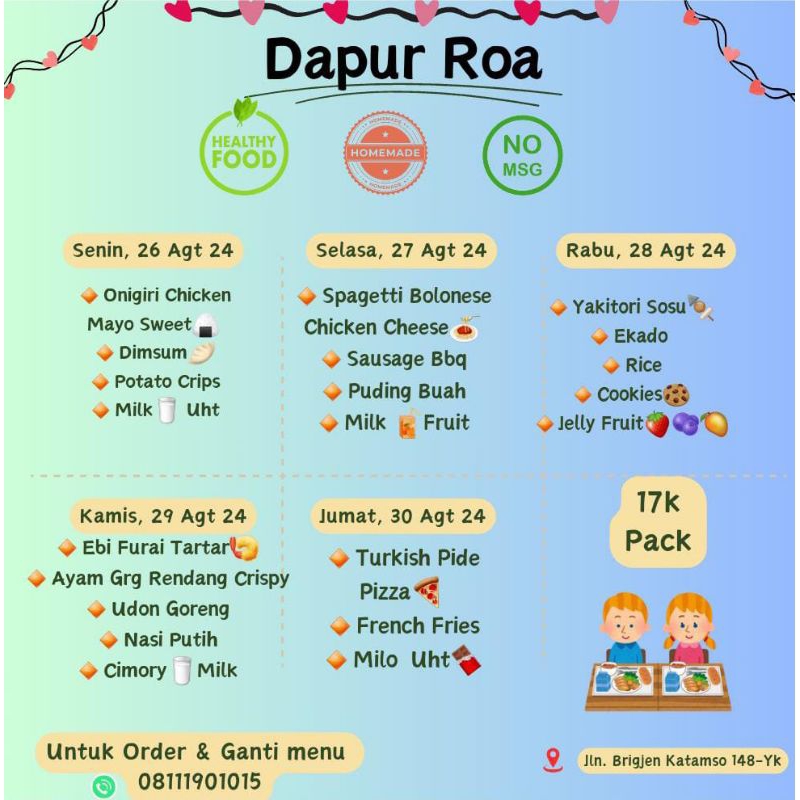 

Catering Anak sekolah periode 26 Agt 2024 sd 30 Agt 2024