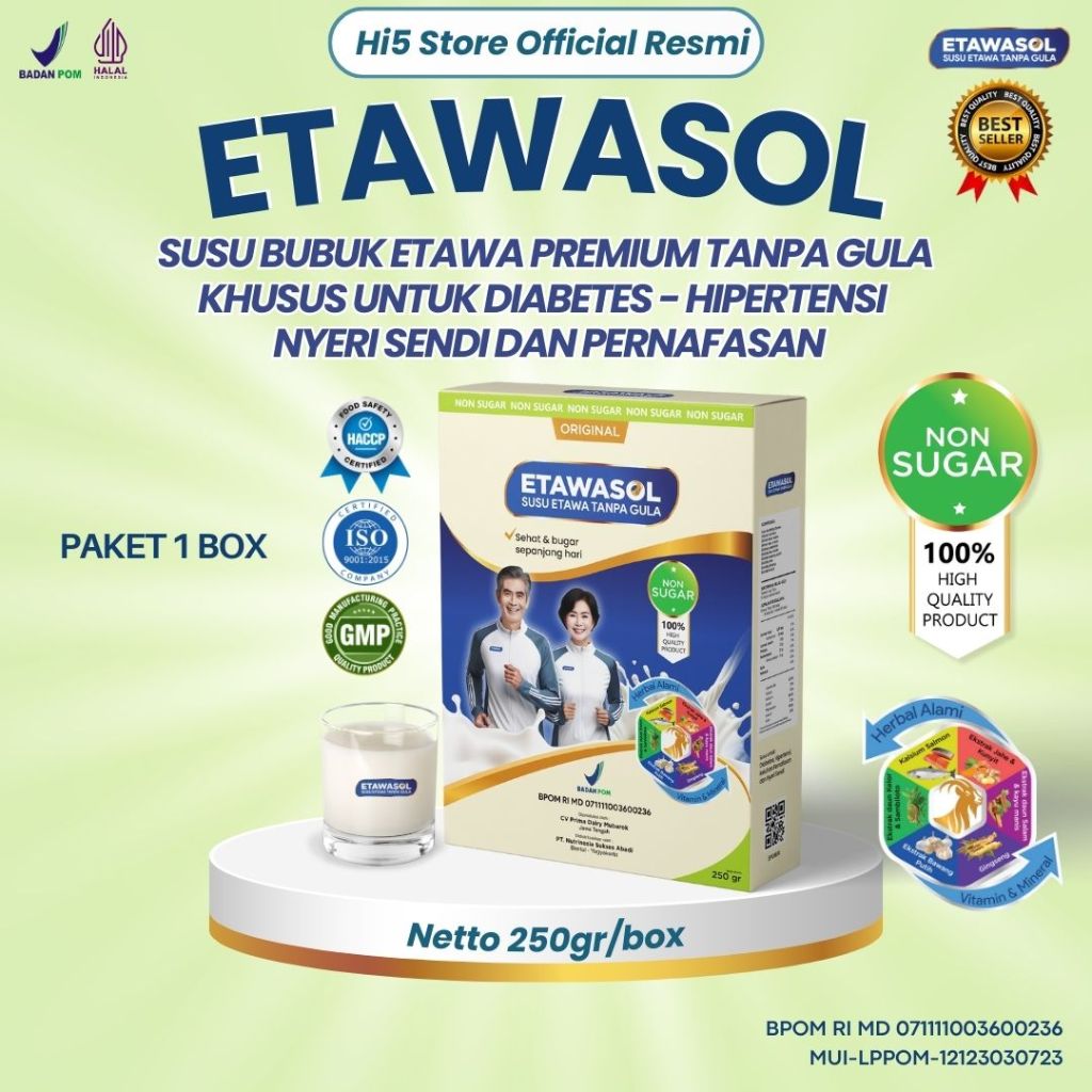 

Etawasol Susu Kambing Bebas Gula Untuk Diabetes, Hipertensi, Nyeri Sendi dan Pernafasan 250gr