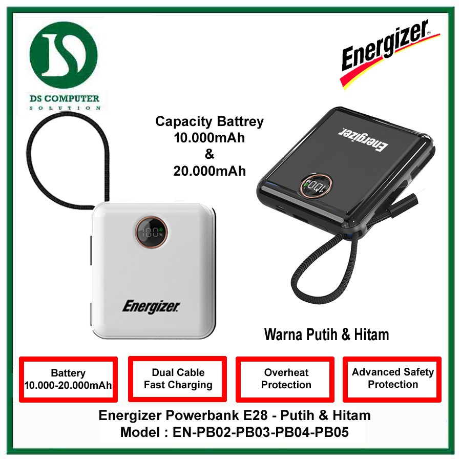 Energizer Powerbank E28 Dual Cable USB Type C + Ligthtening