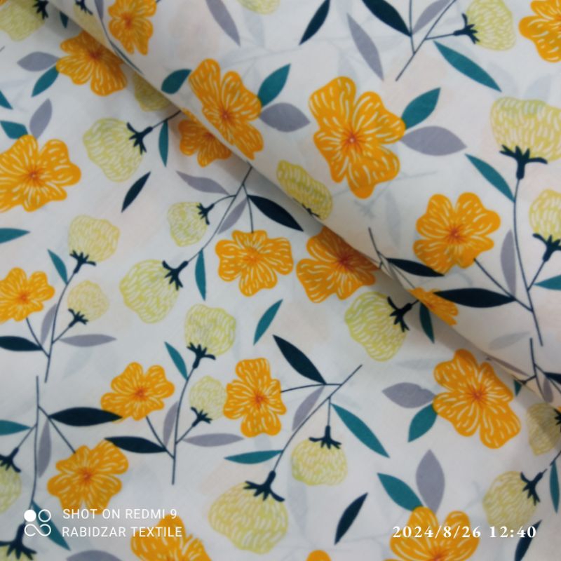 KAIN KATUN RAYON PREMIUM GARMENT MOTIF BUNGA OREN KUNING