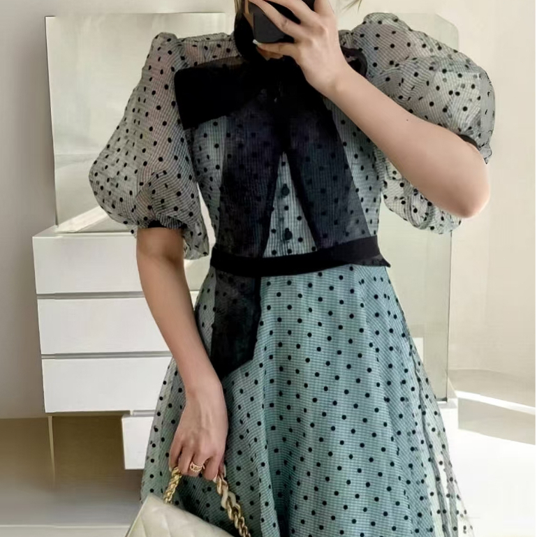 6041-Dress fairy lengan balon polkadot/Midi Kondangan Dress Tile elegan korea / Dress vintage korean