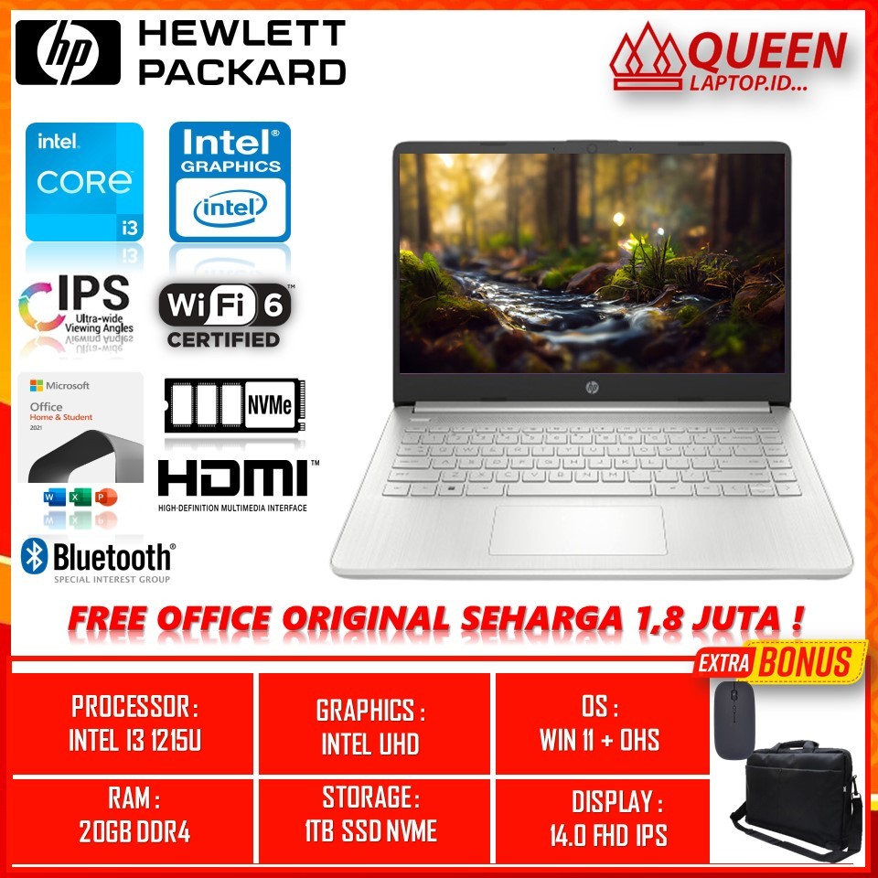 LAPTOP MURAH HP 14S DQ5567TU INTEL I3 1215U RAM 20GB 1TB SSD 14" FHD IPS BACKLIT WIN11HOME + OHS SIL