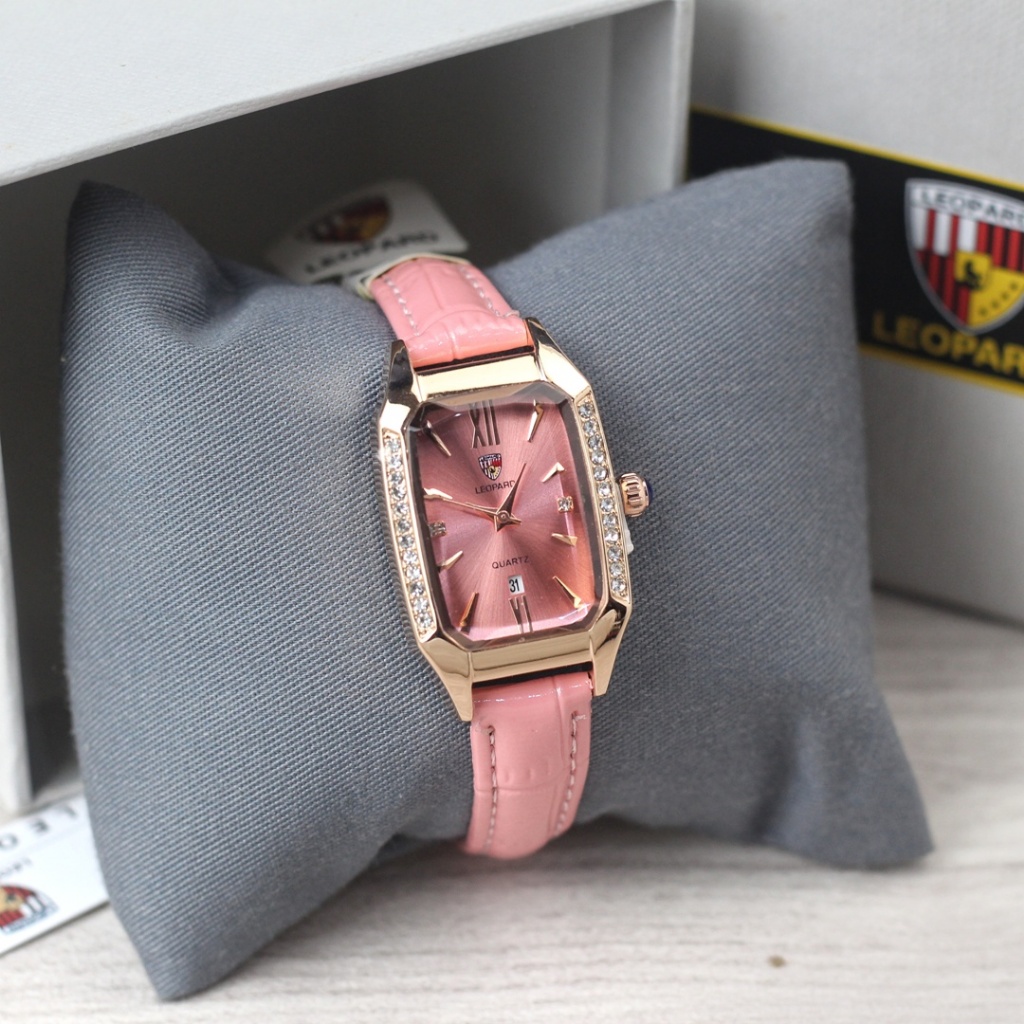 Jam tangan Wanita Leopard 8086 tanggal aktif tali kulit analog kotak original