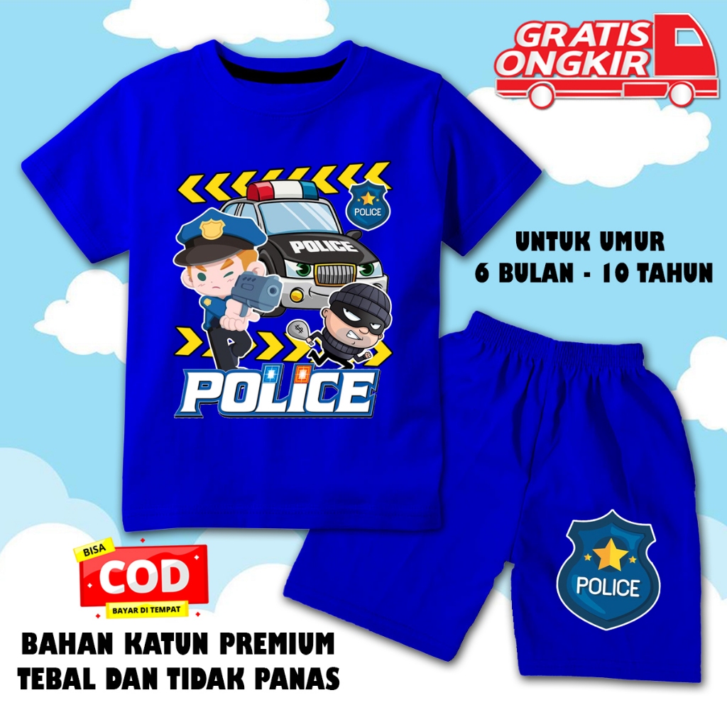 Setelan lengan pendek anak laki laki perempuan set baju kaos pendek anak cowok cewek motif polisi dt