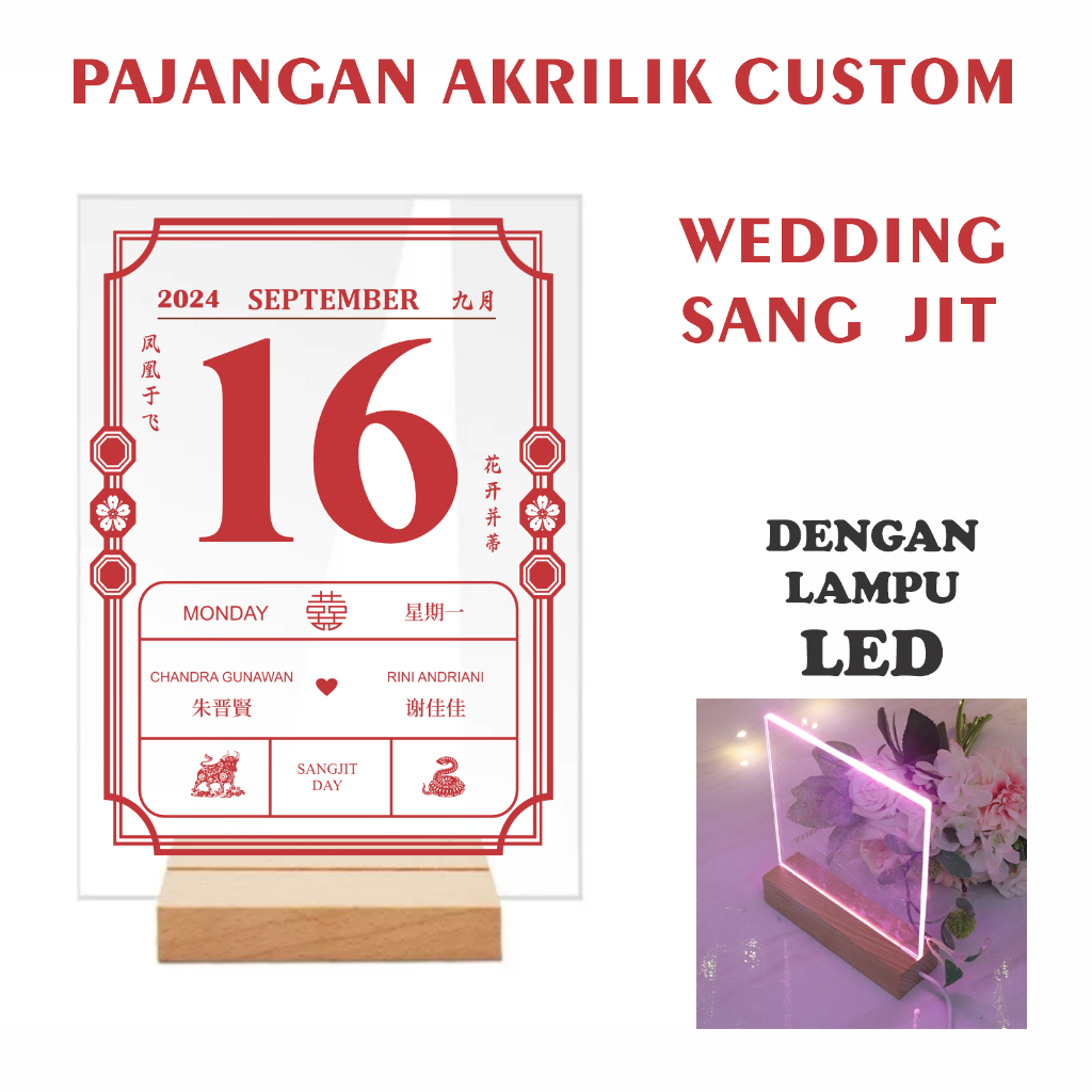 PAJANGAN AKRILIK SANGJIT CHINESE WEDDING STAND KAYU LED