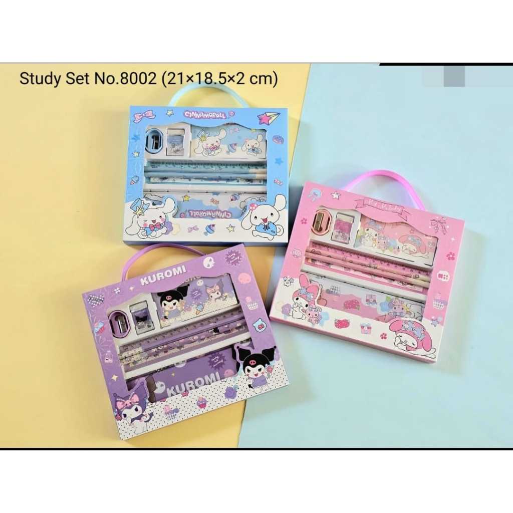 

stationery set study set sanrio kuromi , my melody , cinamon roll satuan kode 2235 ( tenteng selang) / 8801 ( tenteng plastik biasa) / 8002 (kemasan dus) satuan RANDOM CORAK