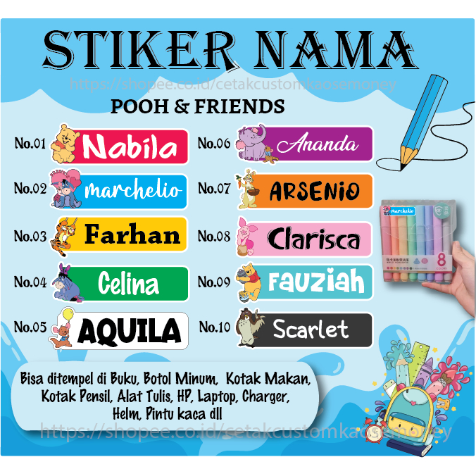 

STICKER LABEL NAMA KARAKTER POOH & FRIENDS CUSTOM SPIRITED AWAY STIKERCUSTOM PREMIUM MURAH LUCU BISA TEMPEL DI BUKU ALAT TULIS KOTAK PENSIL KOTAK MAKANAN BOTOL MINUM HELM KOPER LAPTOP HP PINTU KACA