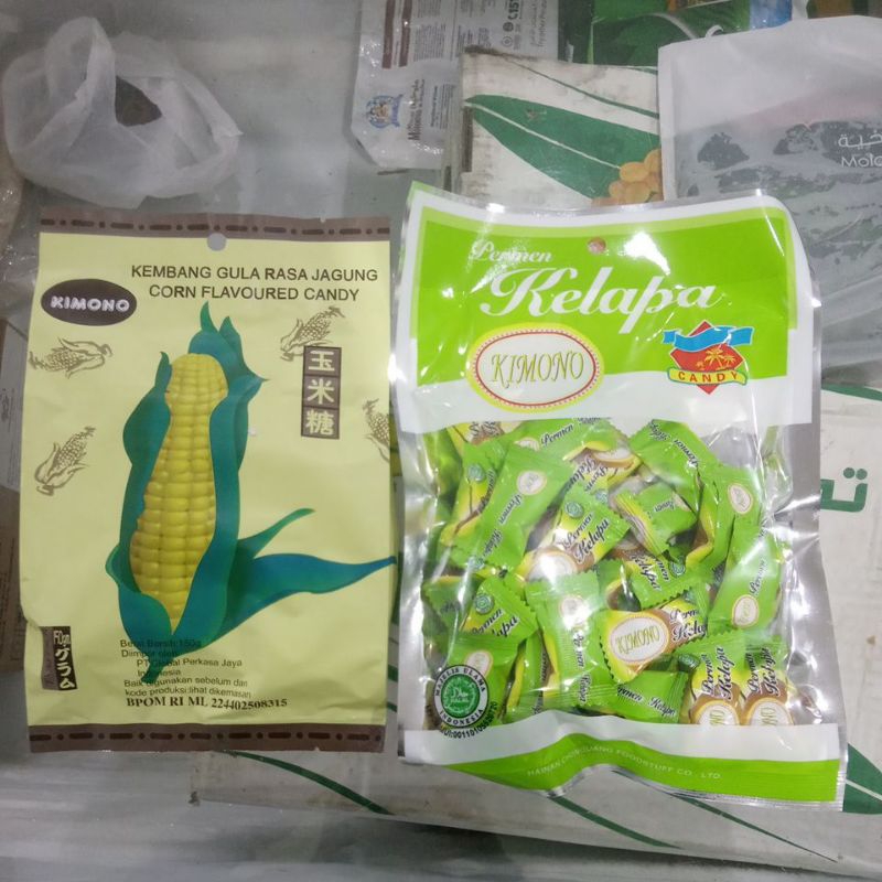 

Permen Kimono rasa kelapa berat bersih 150gr, kembang gula rasa jagung berat bersih 160gr