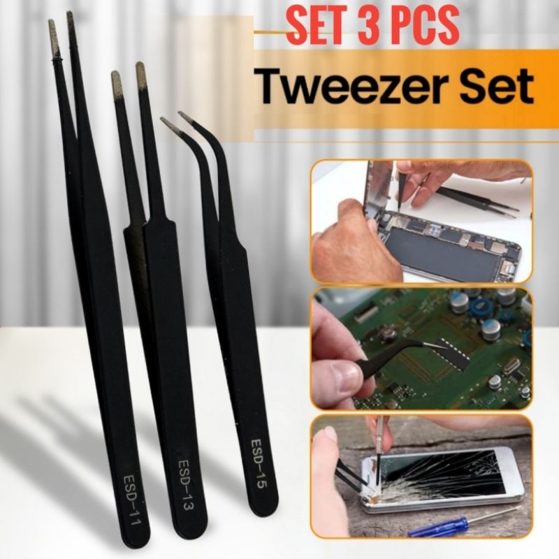 Set 3 Pcs Pinset Penjepit Komponen Elektronik Tweezers