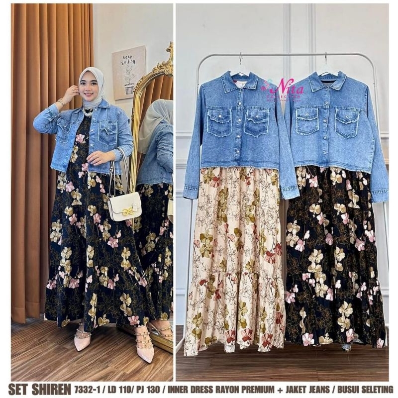 Set shiren outer ONESET GAMIS WANITA jeans mix katun rayon ONESET ROK
