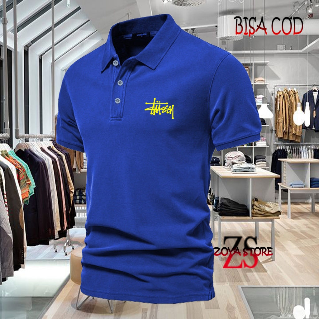 COD T-shrit POLO kerah Stussy Text Kuning Kaos Kerah Dewasa Shirt / Kaos Wangki Pria Polo / Kaos Ser