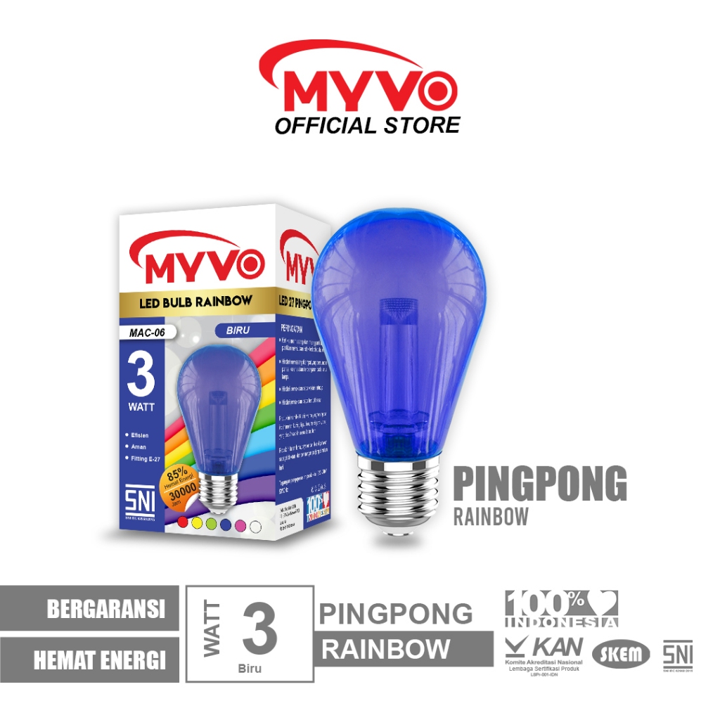 MYVO Lampu LED Bulb Rainbow BIRU MAC-06 3 Watt Cahaya Warna-Warni