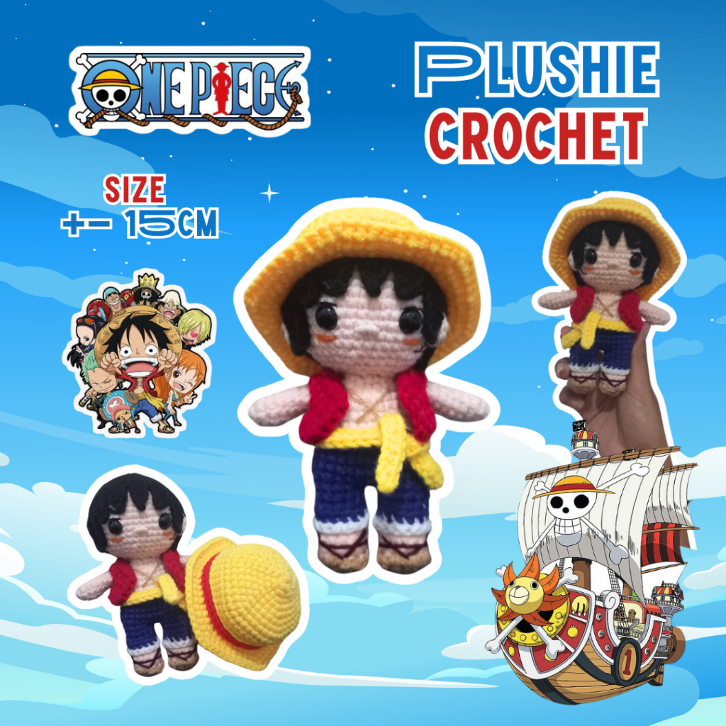 Boneka Plushie One Piece Anime Monkey D Luffy Crochet Rajut Hadiah Pajangan