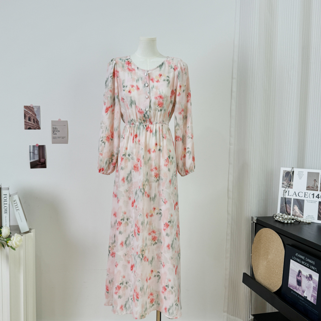 [kupon 20k] Pink and Purple Round Neck Live Button Floral Korean Long sleeve Maxi dress friendly for