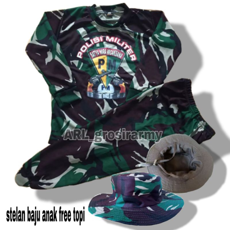 baju stelan anak lengan panjang motif PM polisi militer free topi rimba
