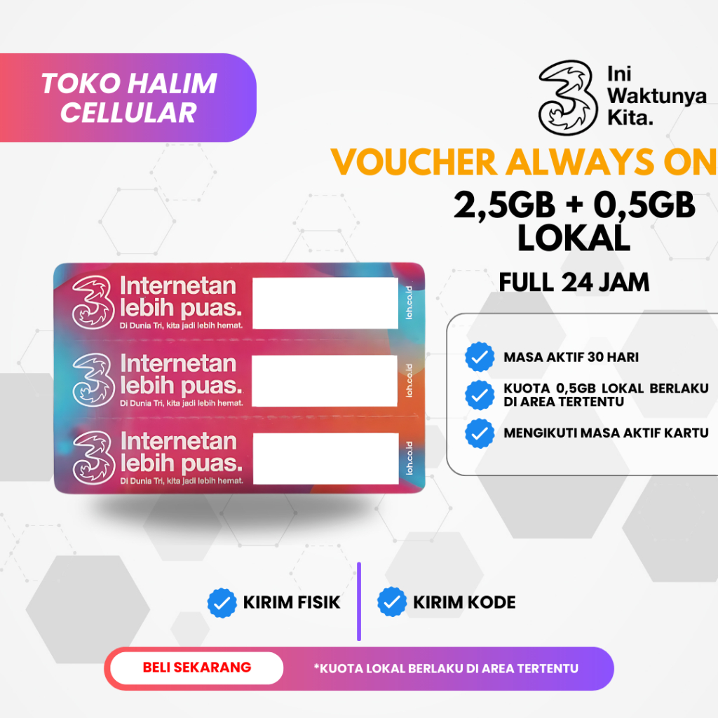 Voucher TRI AON 2,5GB 30 Hari