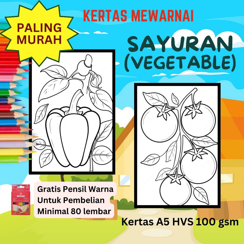 

Kertas Mewarnai / TEMA SAYURAN / Buku Gambar Mewarnai Ukuran A5 / COLORING BOOK / Untuk TK SD SMP