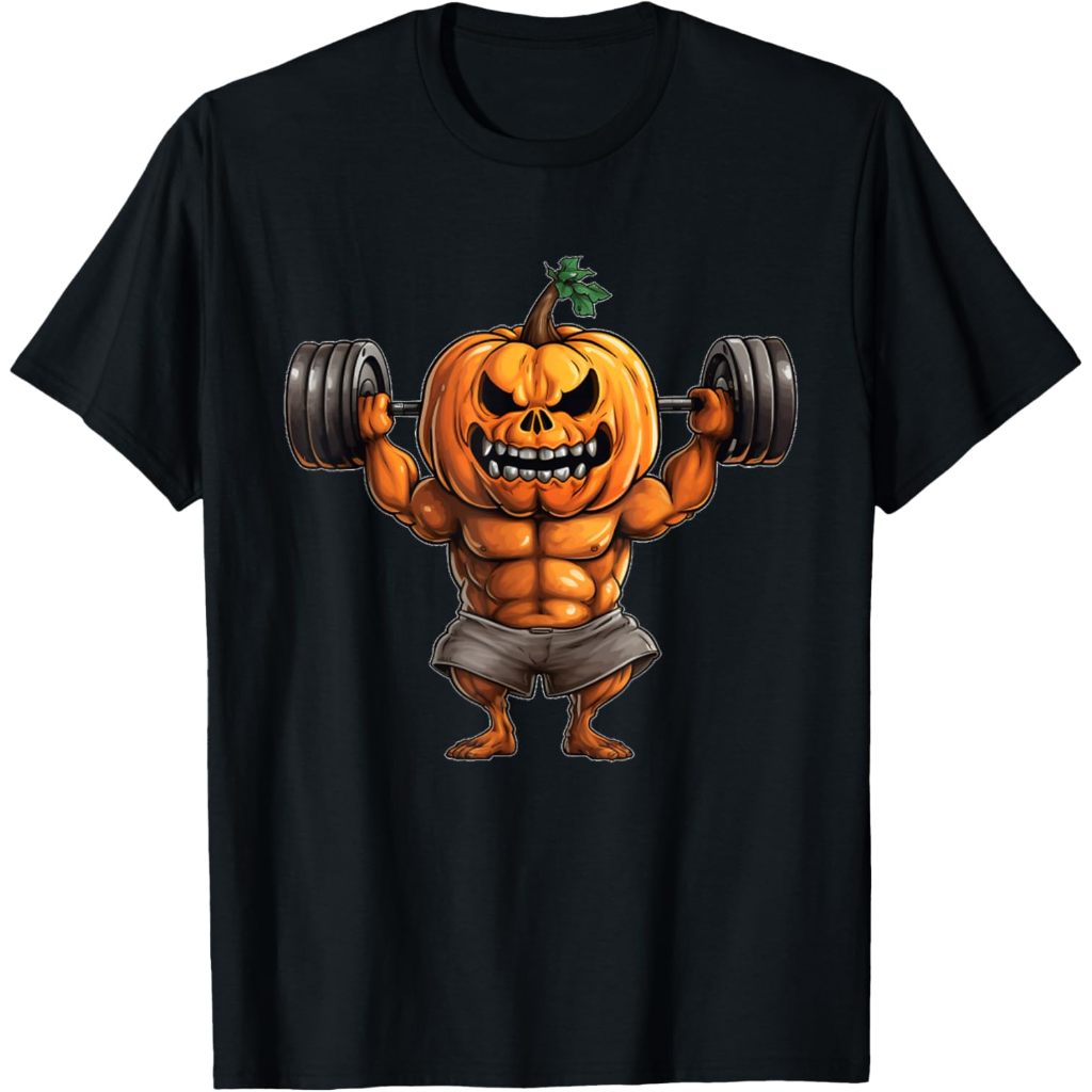 Baju Kaos Olahraga Pumpkin Lifting Weights Bodybuilding Halloween Weightlifting T-Shirt
