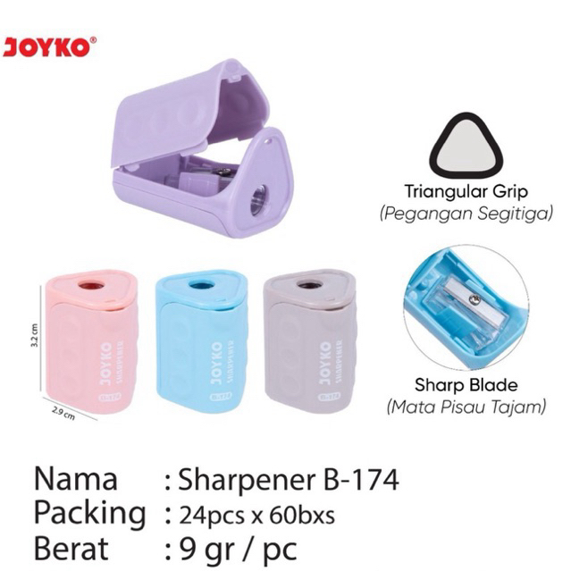 

B174 Rautan Segitiga Joyko / Sharpener / Kerukan Warna Warni / Serutan / Peruncing B-174