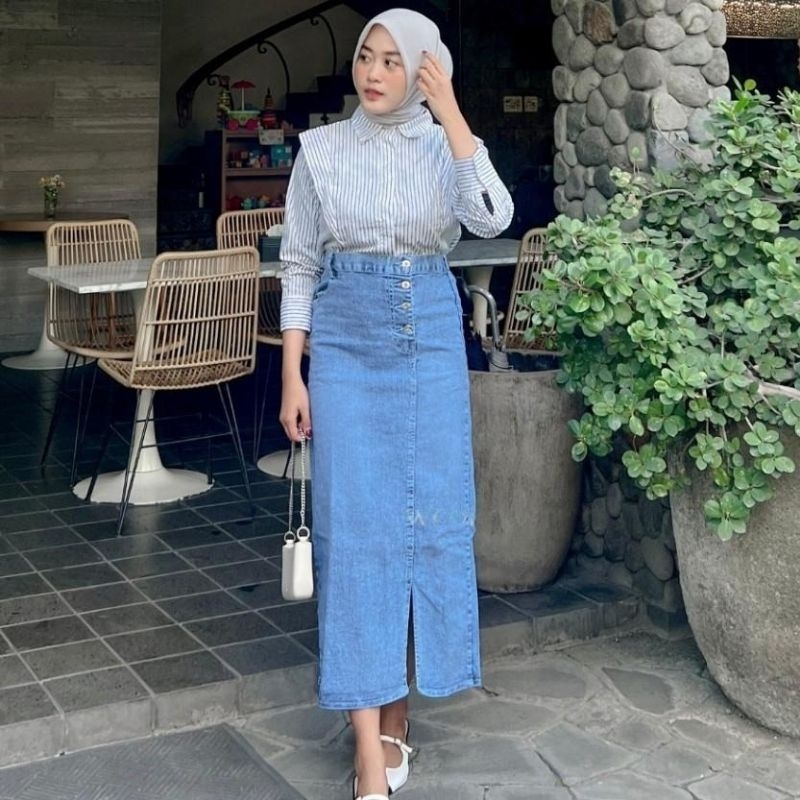 Rok Jeans Skirt Belah Samping Kamila | Rok Wanita Kancing Span