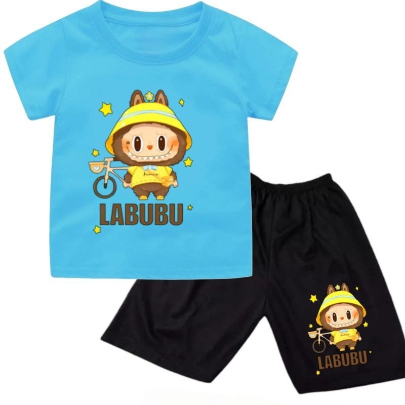 baju kaos setelan anak anak cewek cowok labubu sepeda untuk umur1-10 tahun