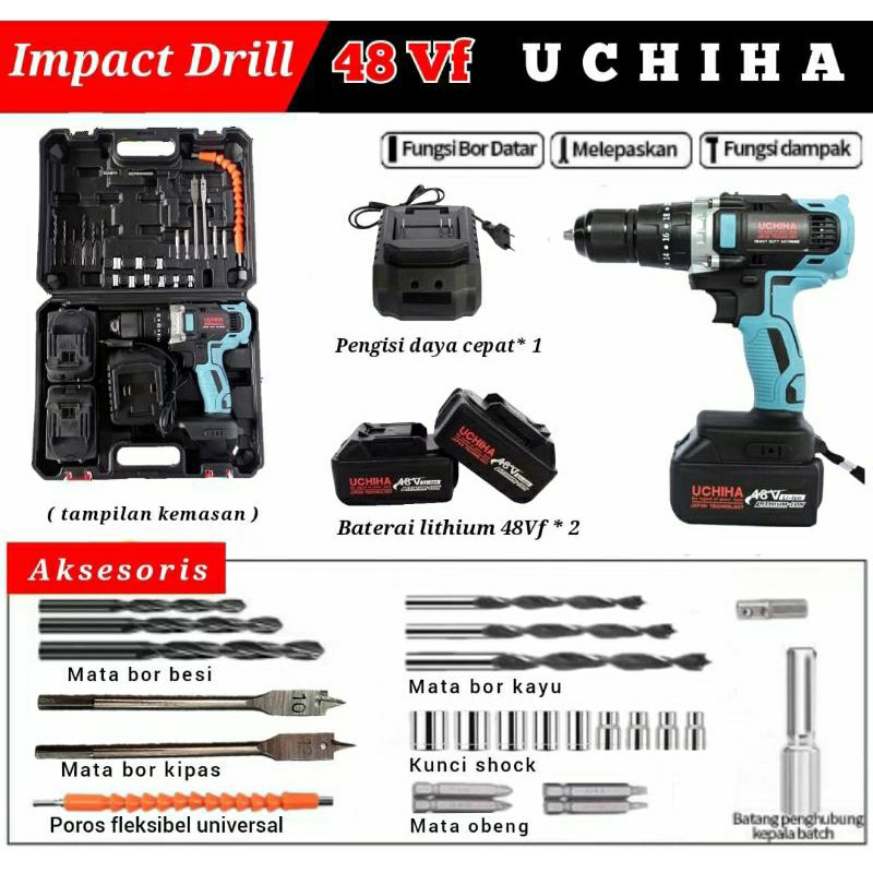 bor baterai bor cas bor cordless uchiha 48 volt 13 mm fullset koper impact drill besi beton Kayu dll