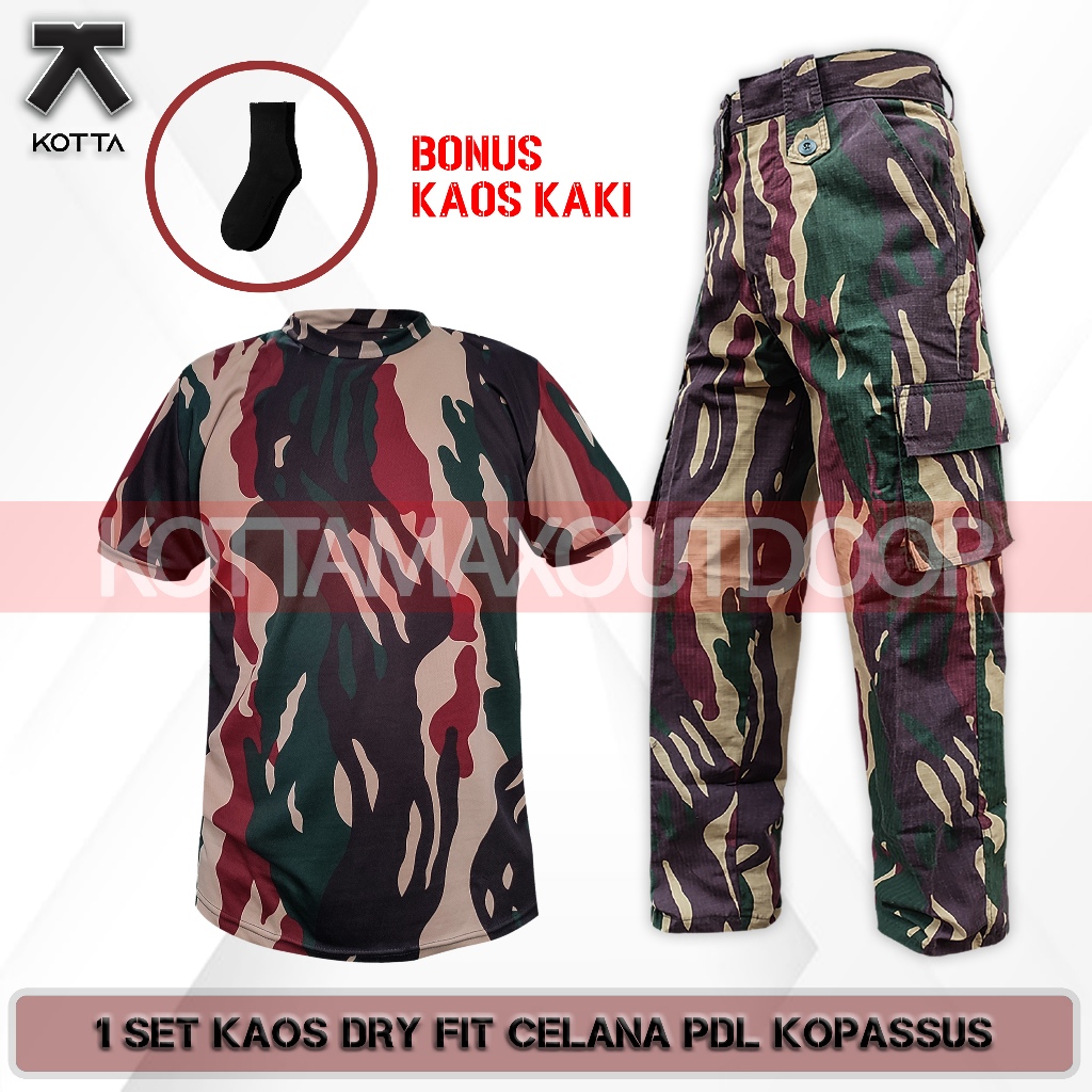 SATU SET SETELAN BAJU KAOS DRY FIT CELANA KAMUFLASE LORENG KOPASUS KOPASSUS ARMY