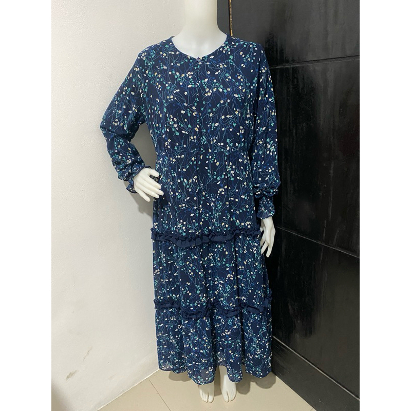 KOLPRI - Gamis sifon navy motif bunga