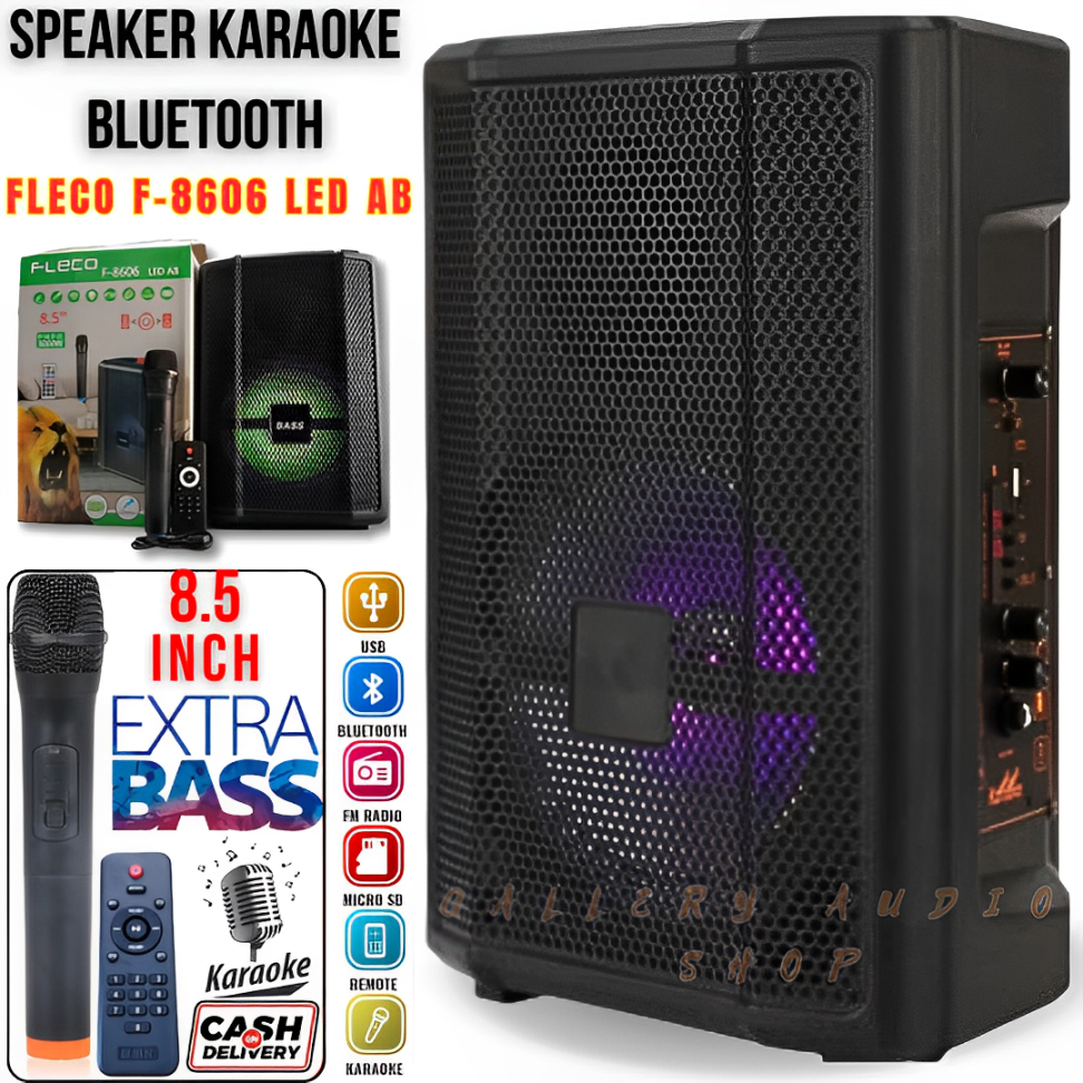 Speaker Bluetooth Fleco F-8606 LED AB 8'5 Inch Free Mic Wireless | Speaker Portable Fleco F-8606 Kar
