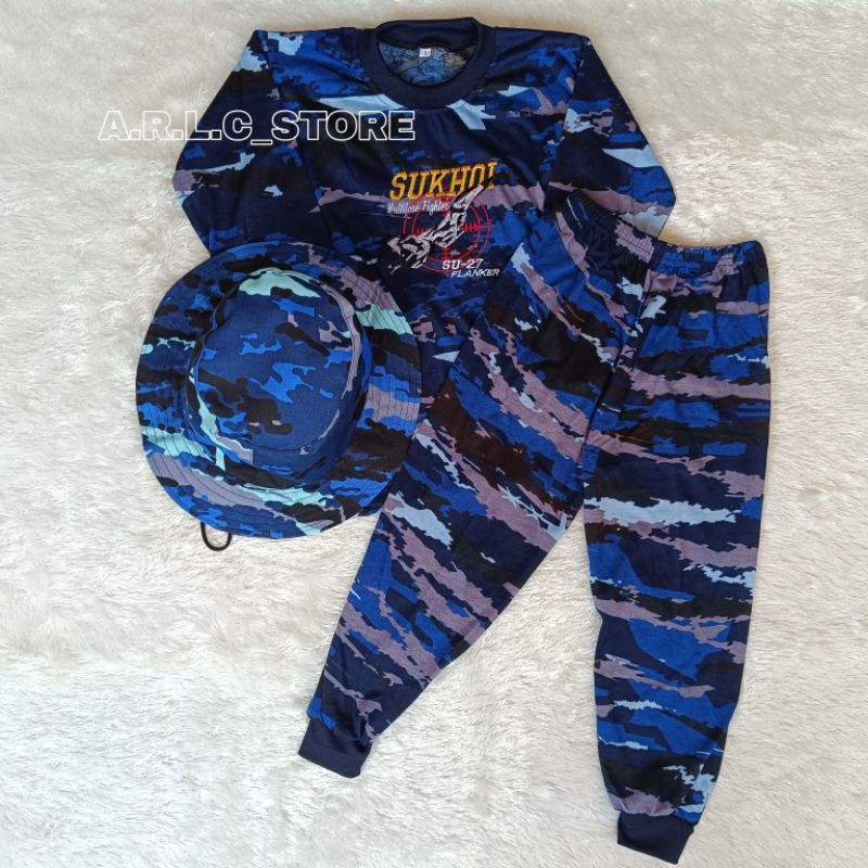 setelan kaos anak loreng tni au lengan panjang plus topi rimba baju kids army satu set