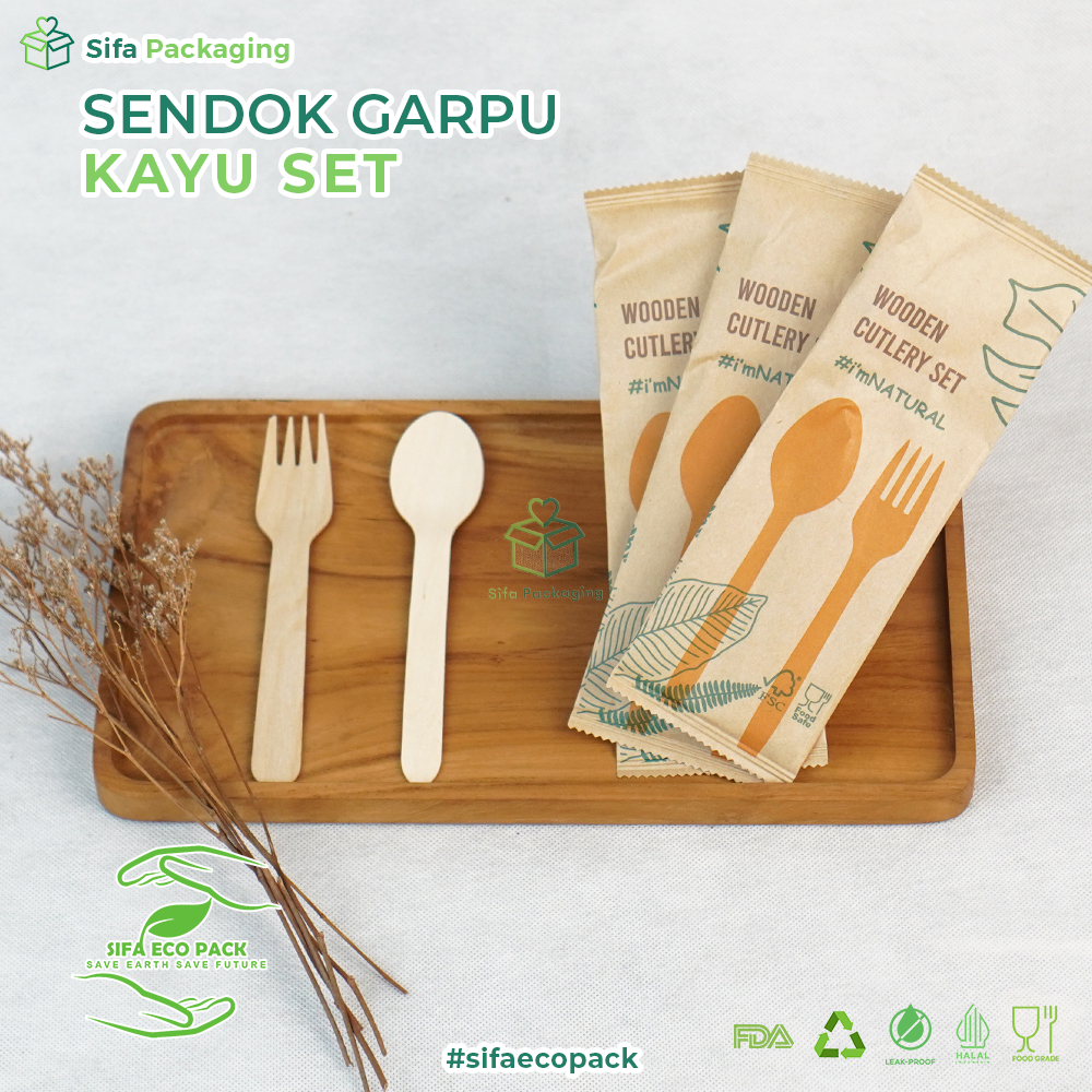 Set Sendok Garpu Kayu Steril Sendok Kayu Set Sekali Pakai Alat Makan Set Premium Bungkus Kertas