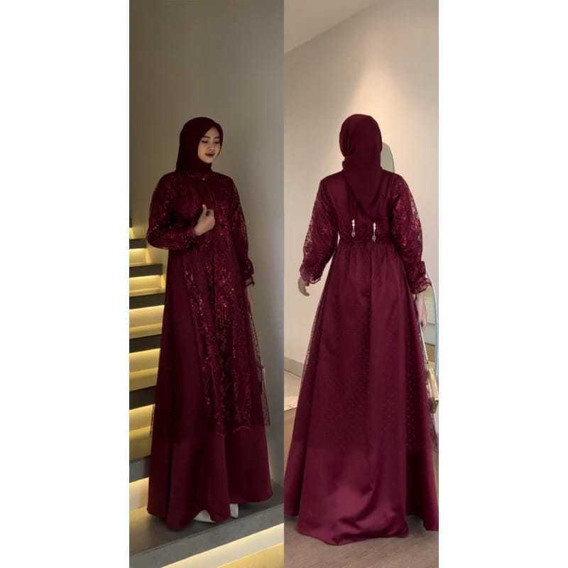 Radifa Long Dress Set Outer Brukat Motif Mix Tile Dot Maxi Gamis Satin Silk Kondangan Bridesmaid
