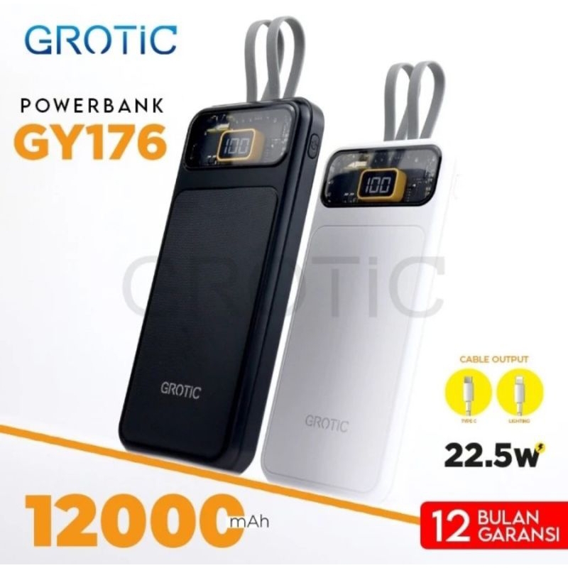 Grotic GY176 Powerbank Fast Charging 22.5W 12000mAh Indikator LED Baterai Lithium Polimer