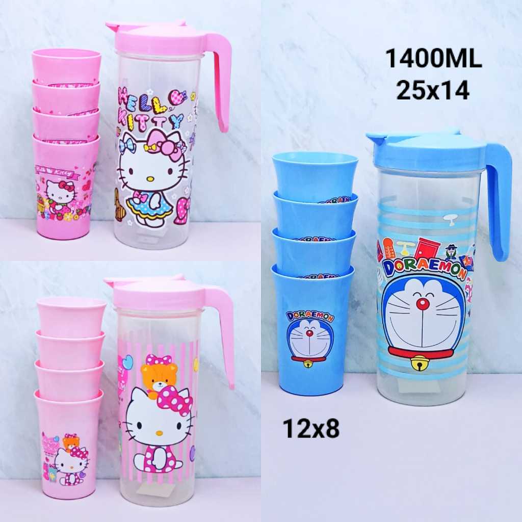 SET TEKO GELAS PLASTIK KARAKTER | TEKO + GELAS DORAEMON | TEKO + GELAS HELLO KITTY