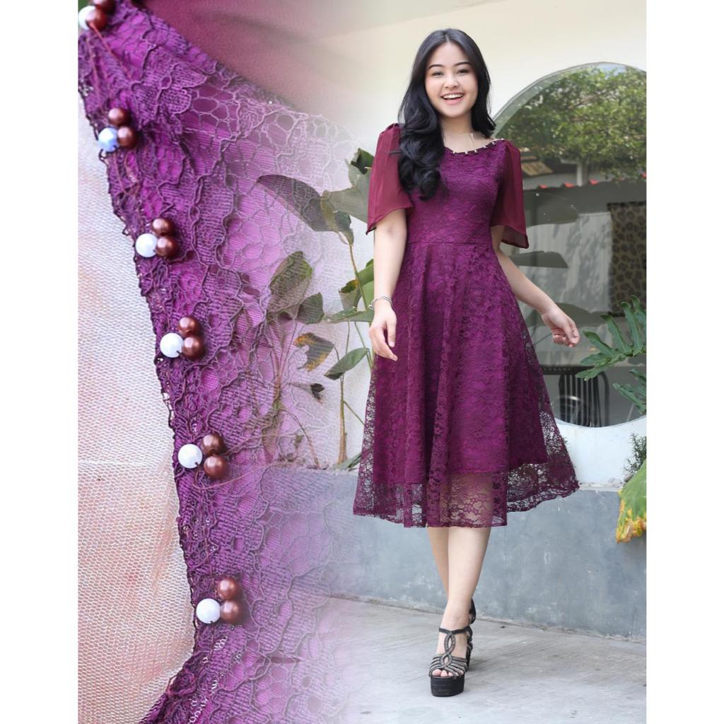 Dress Brokat Natal Wanita Remaja Warna Burgandy Gaun Wanita Pesta Natal