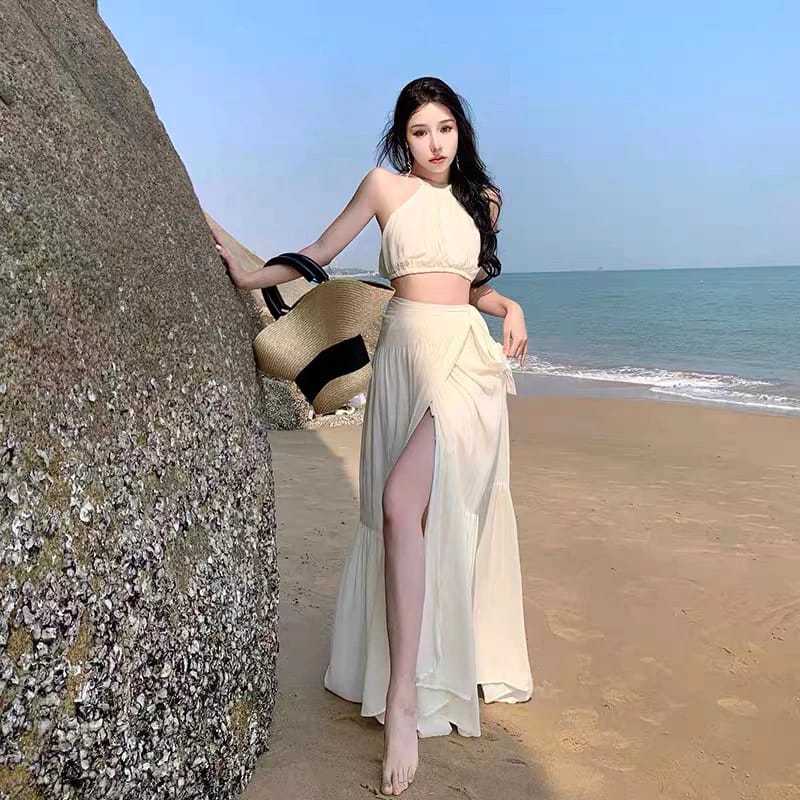 𝐑𝐄𝐀𝐃𝐘 𝐒𝐓𝐎𝐂𝐊 𝐒𝐀𝐅 - ALMA beige setelan crop top + skirt woman premium / korean summer set / beachwear 