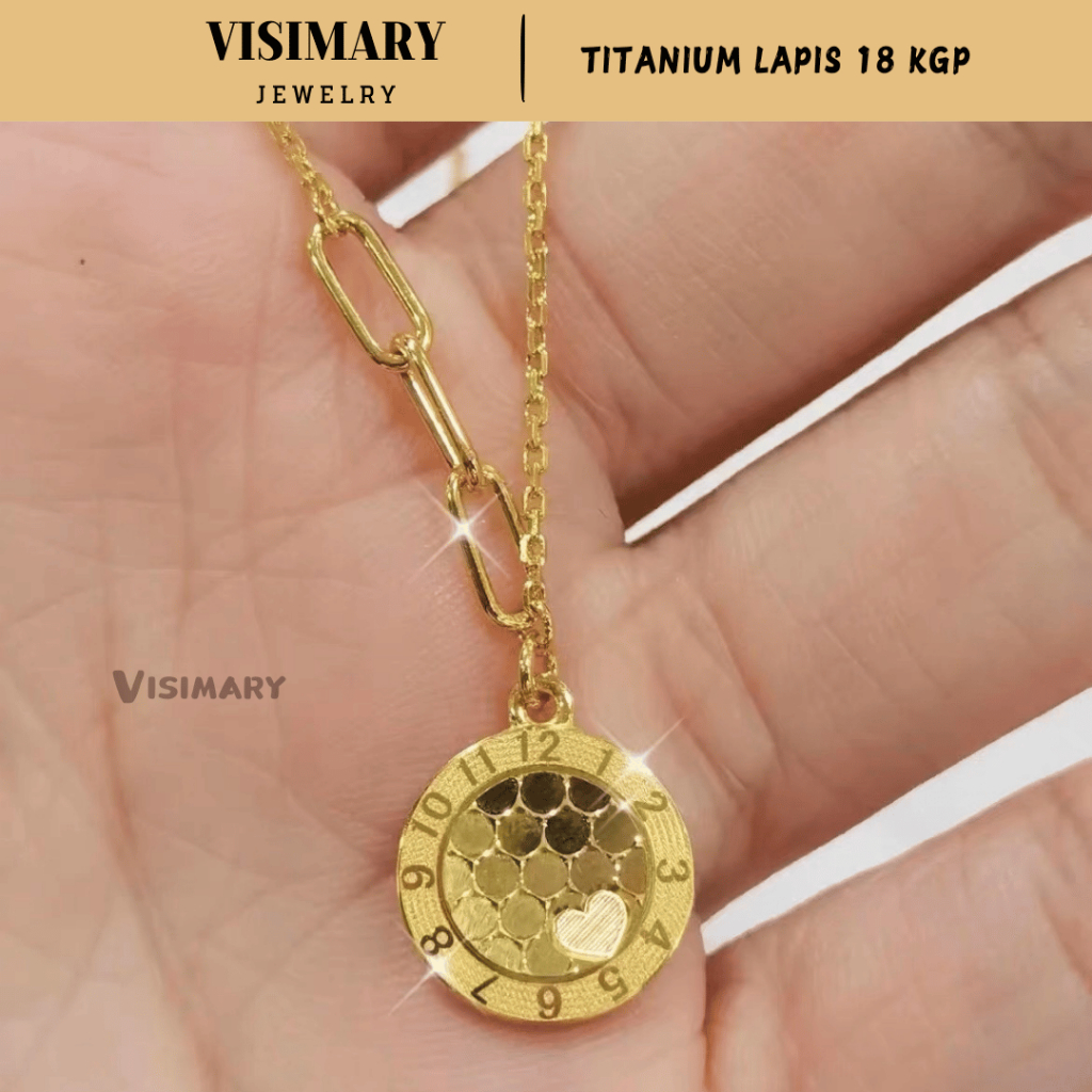 VISIMARY - K91 Kalung Wanita Titanium Premium Rantai Hati Motif Jantung Jam Lapis Emas 18K