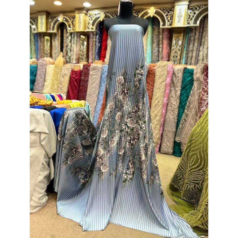 Mb Kain Armani Silk Plisket pleats Bahan Kain Silk Satin Stretch Premium Motif Bunga Lebar 150 cm