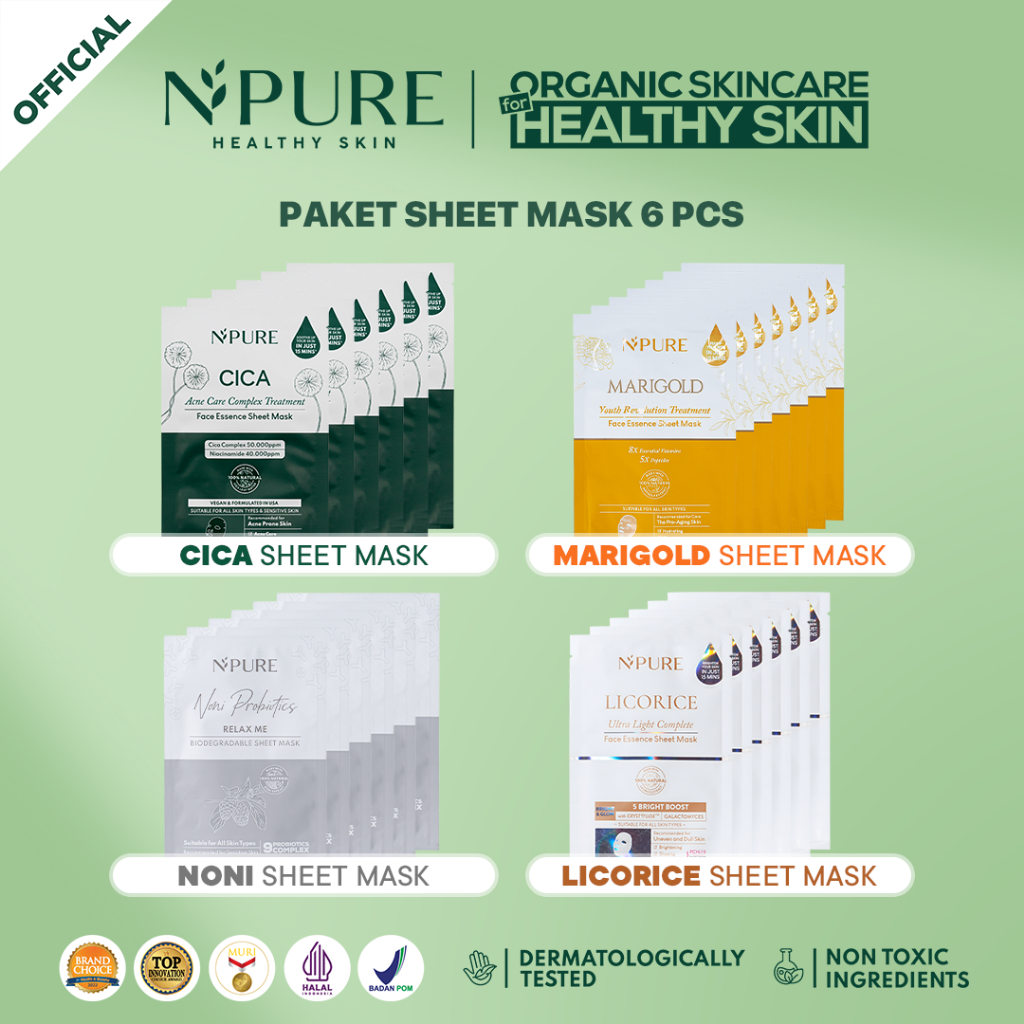 NPURE 6 pcs Sheet Mask Cica/Noni/Marigold/Licorice