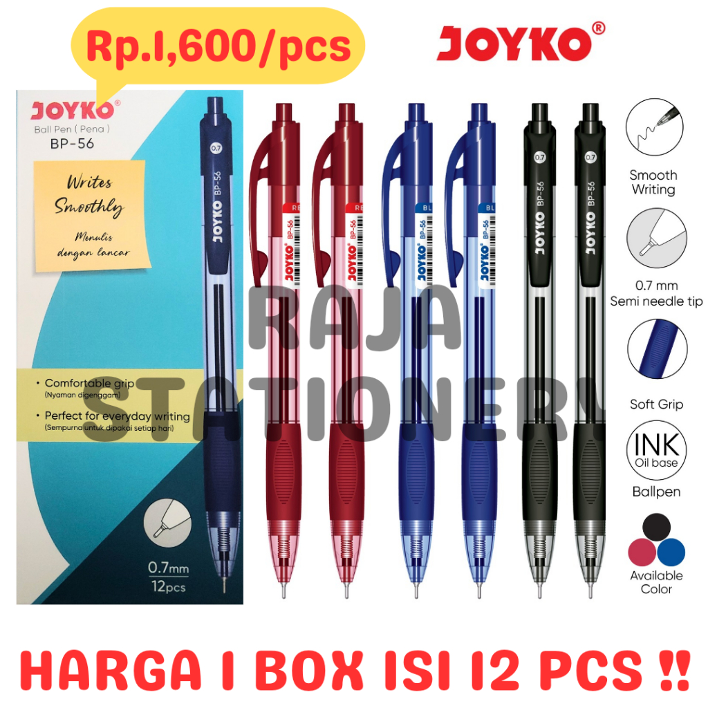 

JOYKO BALL PEN CLICKER 0.7 BLACK BLUE RED BOLPOIN PULPEN JOYKO CETEK BP-56 HITAM BIRU MERAH LUSIN [12PCS]