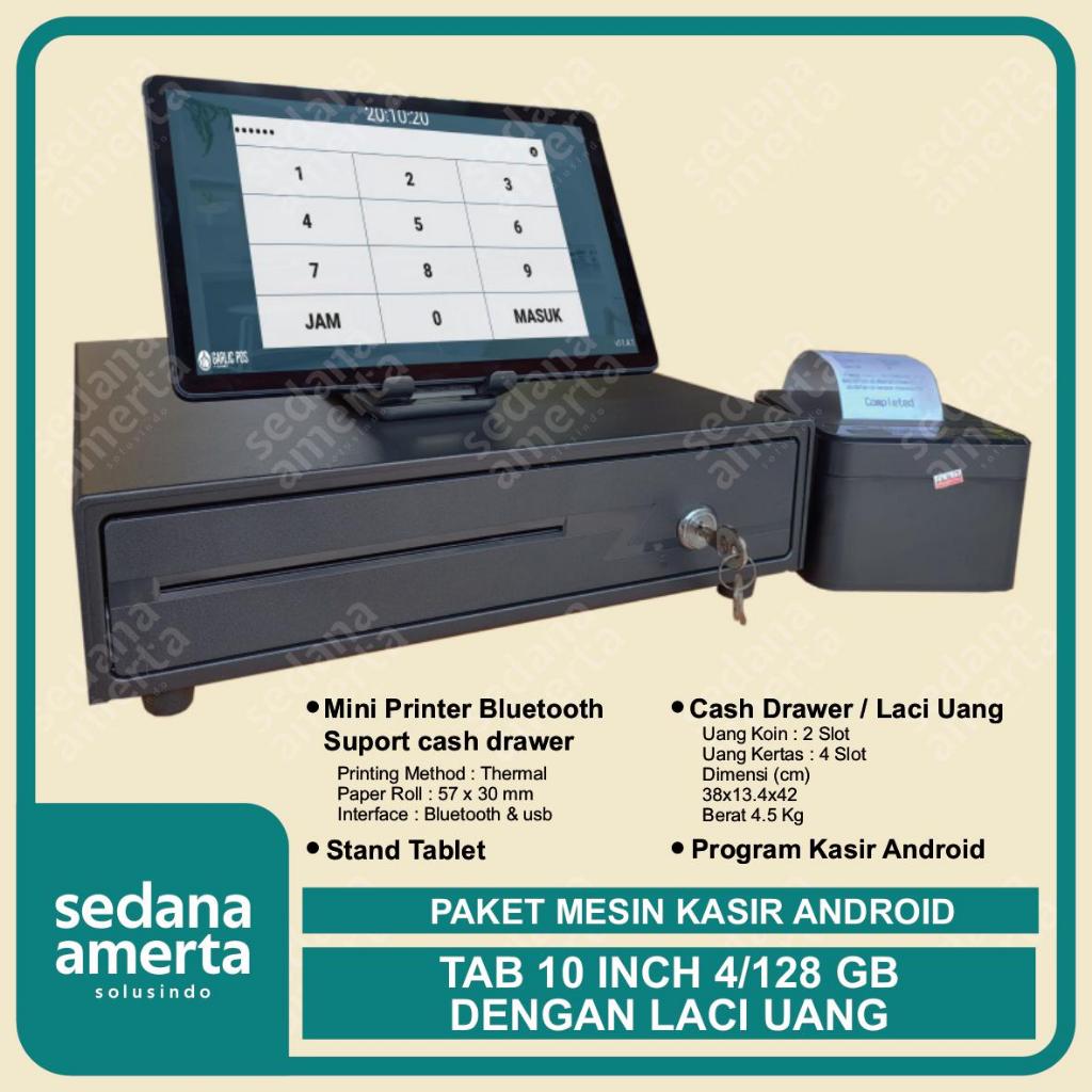 Paket Mesin Kasir Android POS Tablet/Tab 10 Inch 4/128- PAKET LENGKAP : Tab, Laci Uang/Cash drawer &