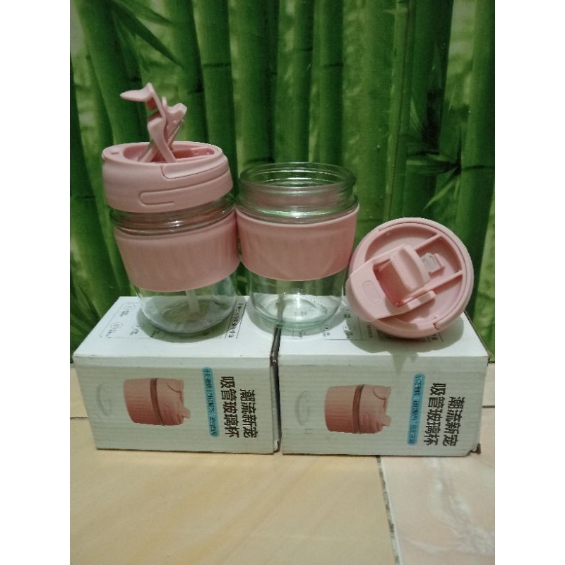Gelas Tumbler kaca tutup botol plastik + sedotan plastik